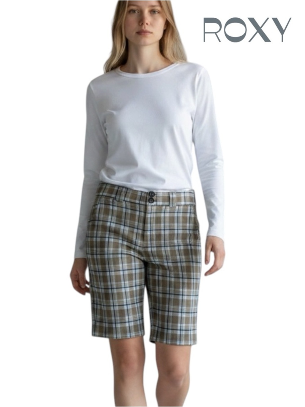 Roxy Tan Cream Teal Cotton Plaid Bermuda Shorts Size 13